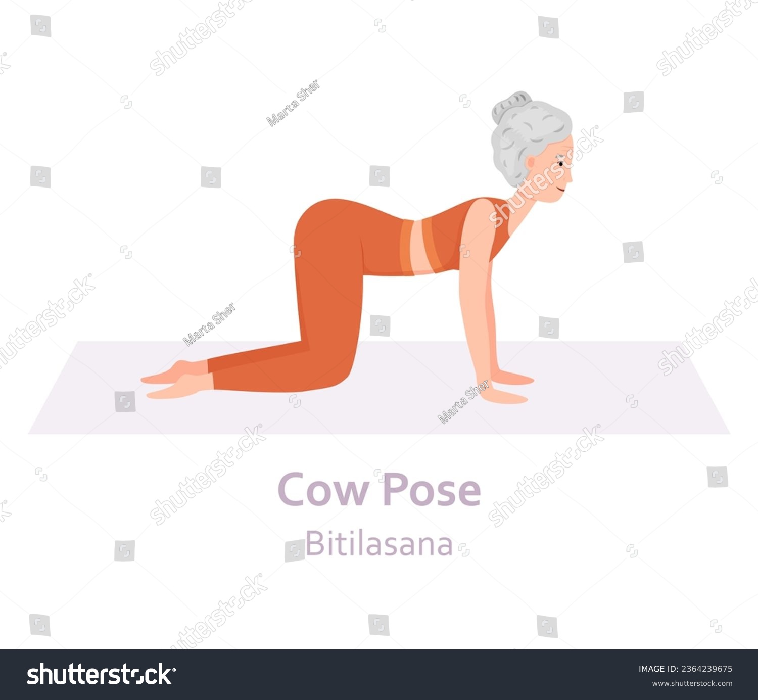 Cow Yoga pose. Bitilasana. Elderly woman - Royalty Free Stock Vector ...