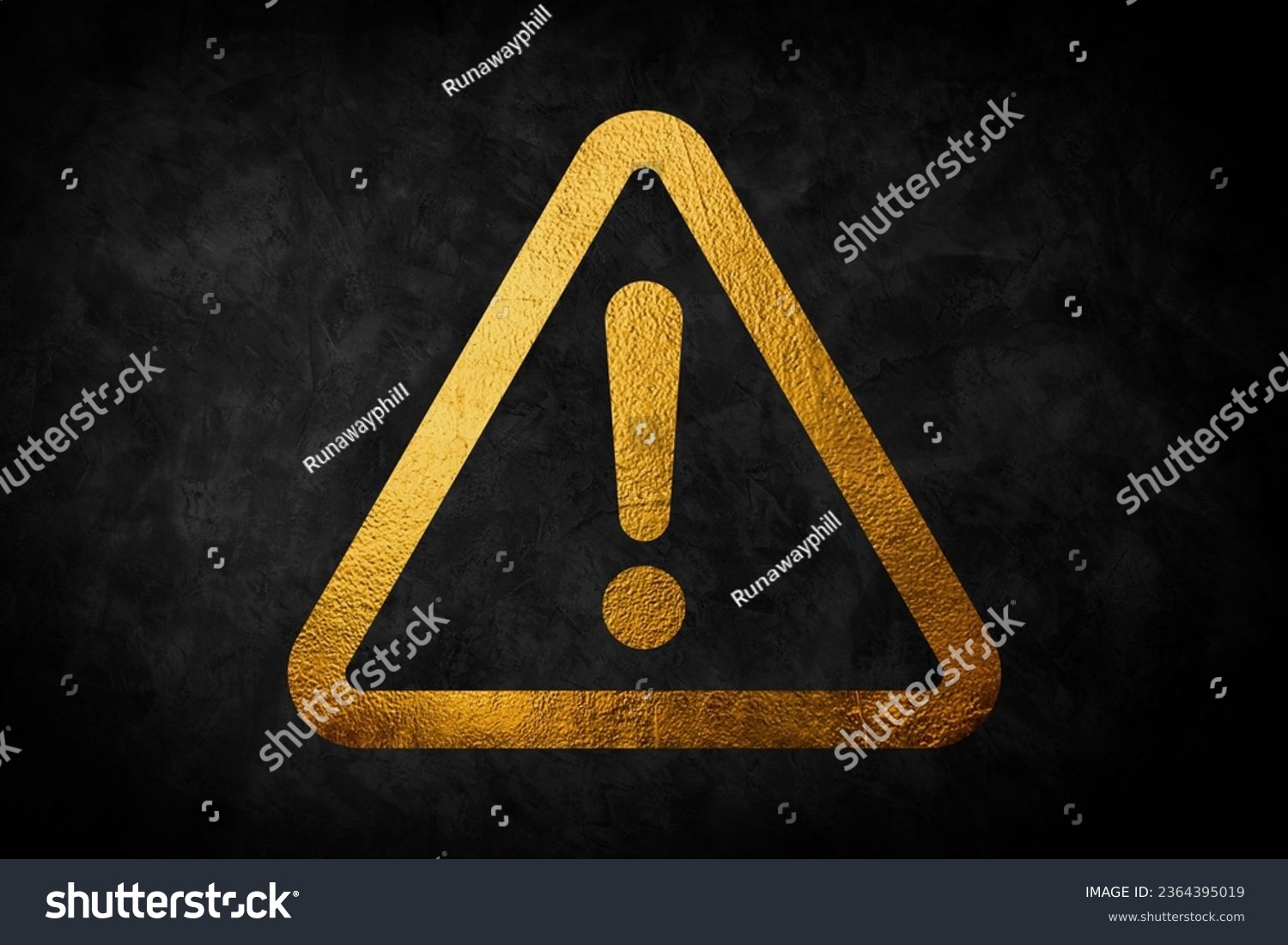 Yellow and Golden hazard warning attention sign with exclamation mark symbol on black background. #2364395019