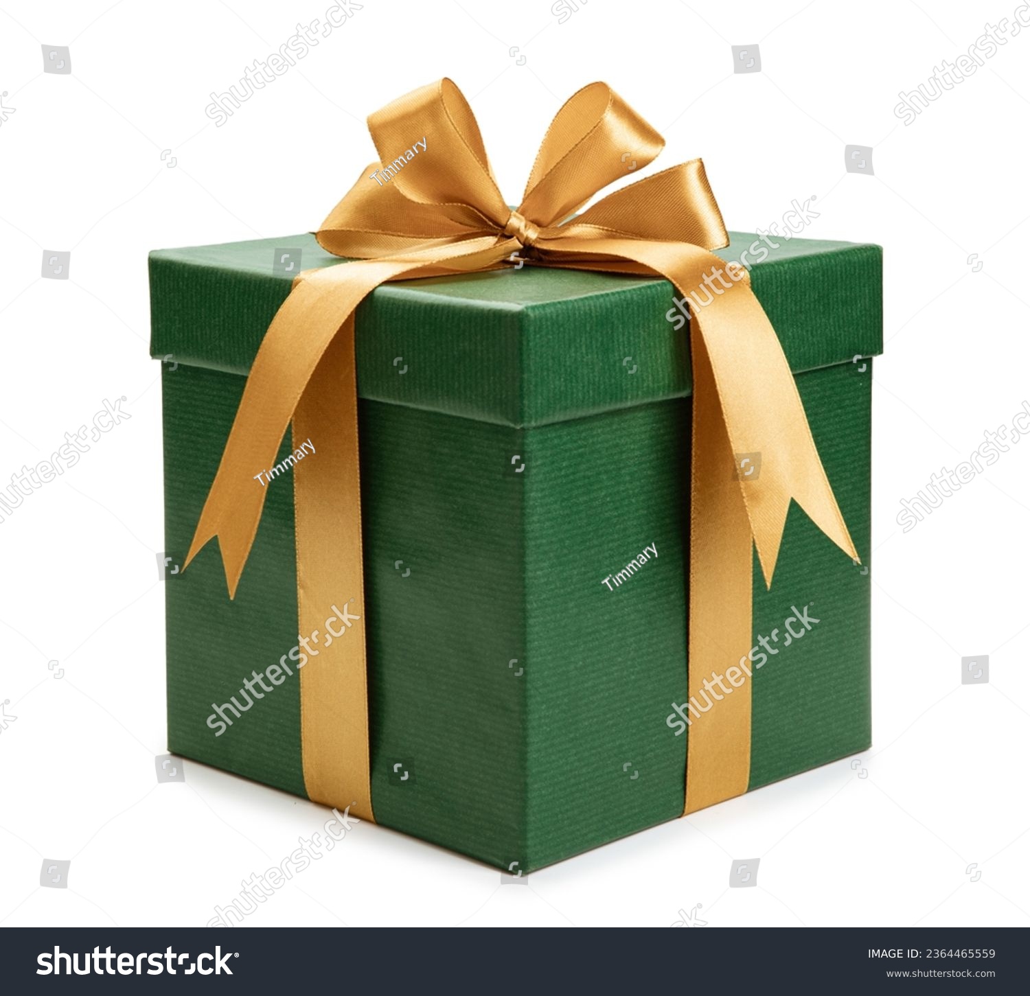 green gift box wrapped with gold bow and ribbon isolated on white background. #2364465559