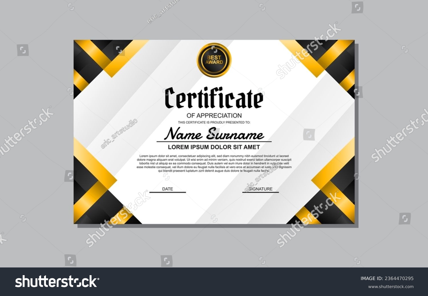 A certificate template featuring an elegant gold and black design. Suitable for creating professional certificates for awards, achievements, and recognition in various industries. #2364470295