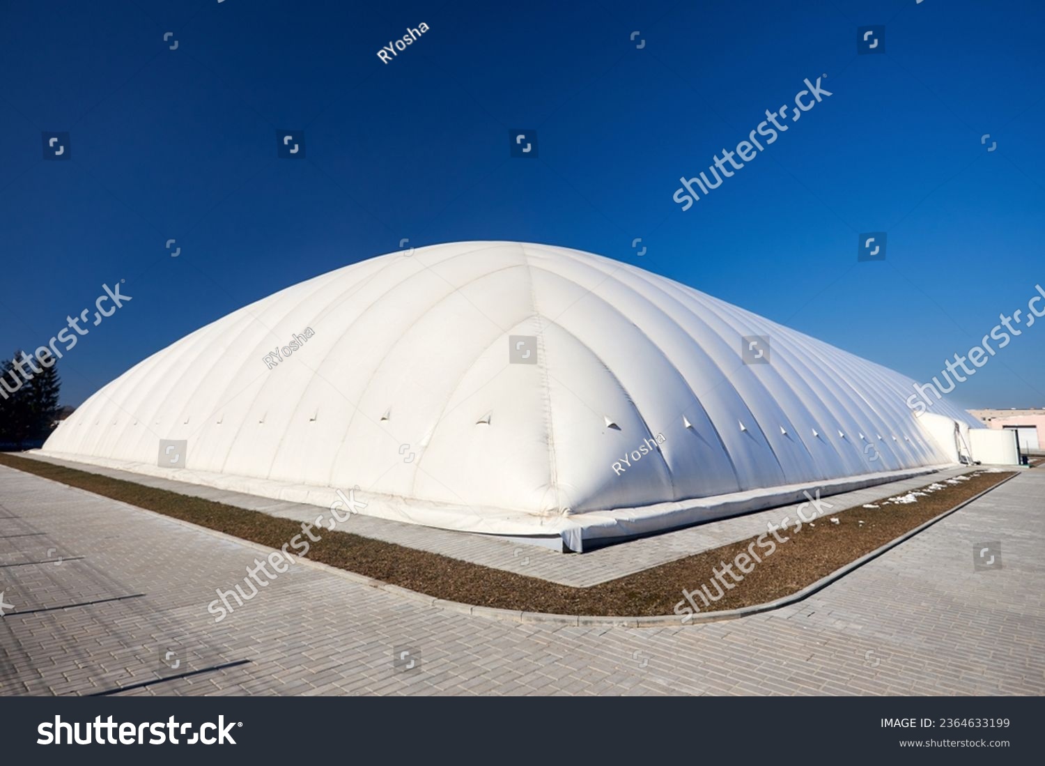 Inflatable air dome stadium. Inflated Tennis air dome or Tennis bubble arena. Modern urban architecture example as pneumatic stadium dome. #2364633199