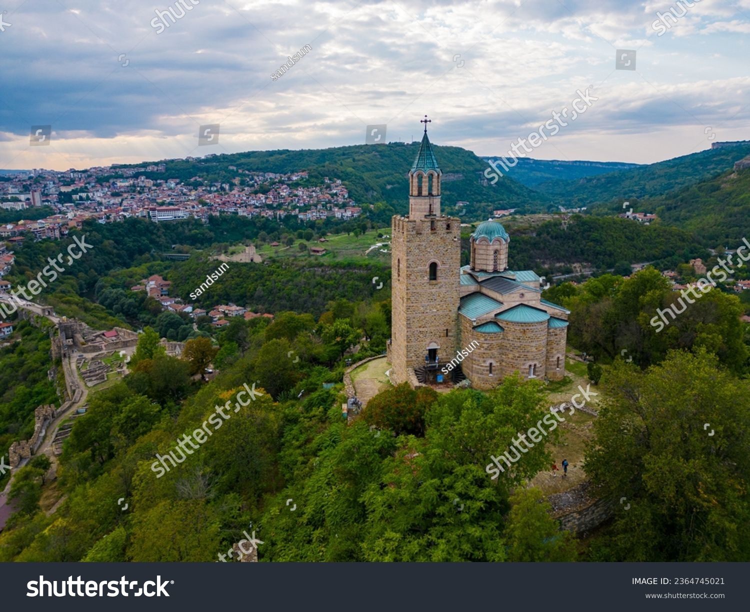 An aerial view of Veliko Tarnovo reveals a Bulgarian city rich in history and culture, with its beautiful buildings, streets, and picturesque hills. #2364745021