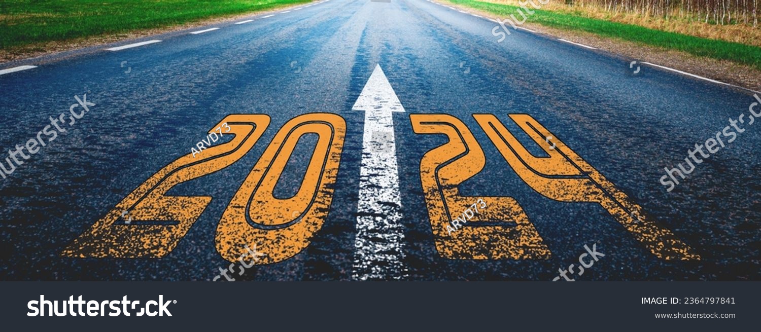 Banner.New year 2024 written on highway.future,work start run line vision concept.Nature landscape road happy new year celebration in the beginning of 2024 for fresh and successful start. #2364797841
