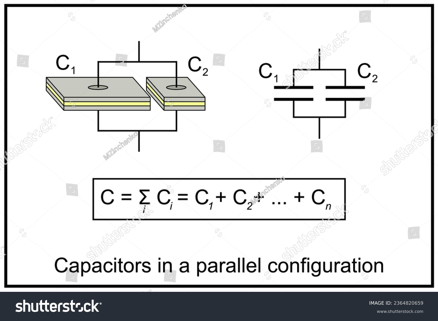 Capacitors in Parallel. Capacitors are connected Royalty Free Stock