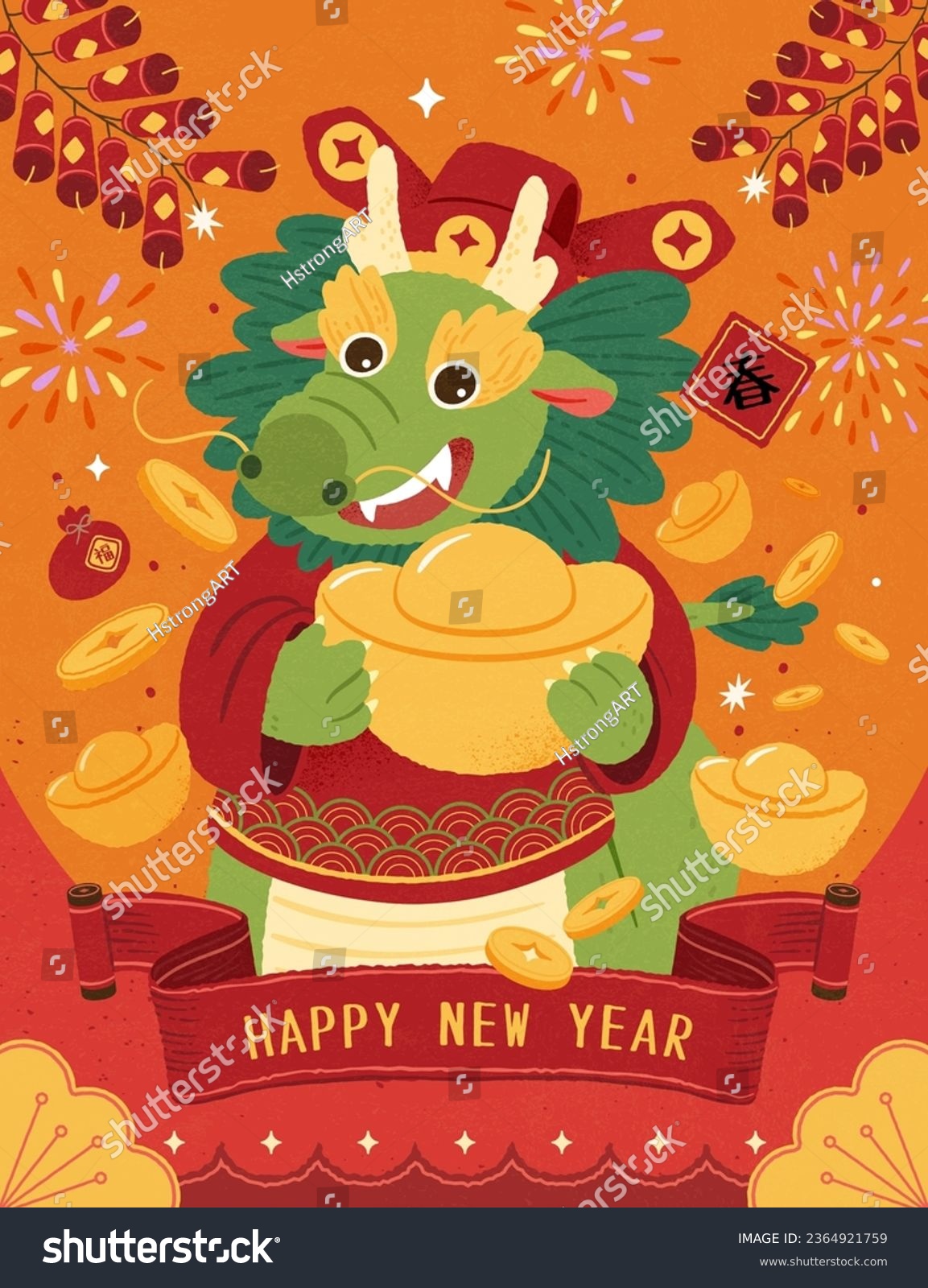 Festive Chinese new year poster. Dragon God of wealth holding gold ingot on festive background with CNY decorations. Text: Spring. Fortune. #2364921759