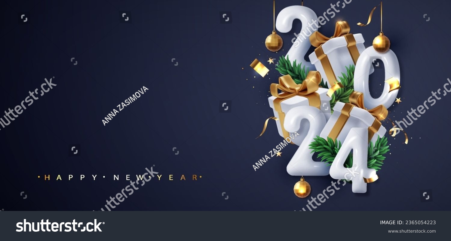 2024 which Gift Box. Merry Christmas and Happy New Year 2024 greeting card. Holyday decorative elements for Poster, banner, cover card, brochure, flyer, layout design. #2365054223