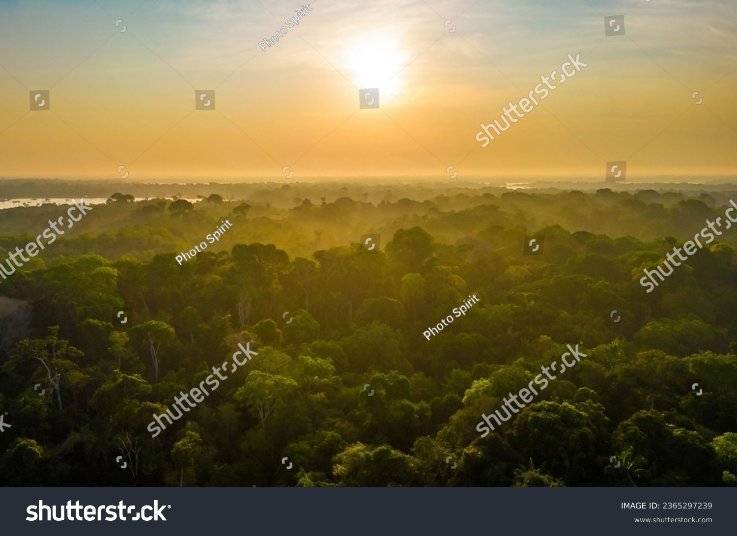 Scenic aerial sunset view of rainforest jungle in Amazonas state Brazil #2365297239