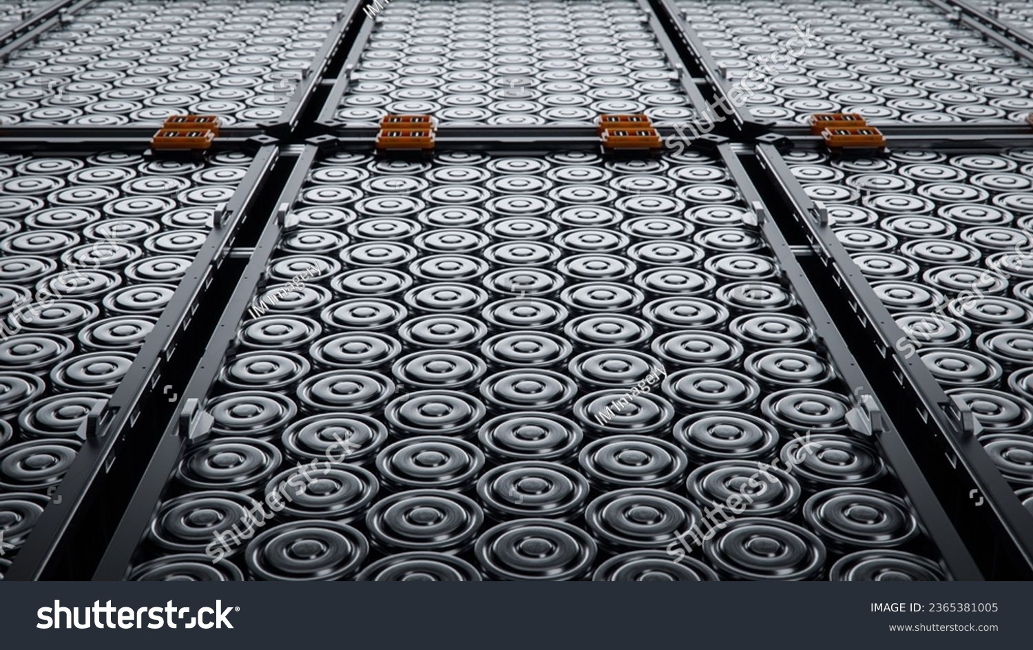 Close-up of EV Battery Cells Stacked inside Modules. Lithium-ion High-voltage Battery for Electric Vehicle or Hybrid Car. High Capacity Battery for Automotive Industry #2365381005