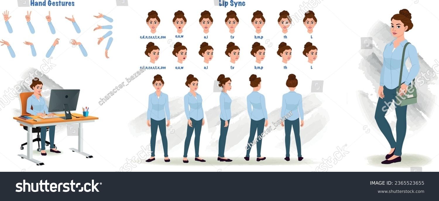 Set of Business woman character design. Character Model sheet. Front, side, back view animated character. Business girl character creation set with various views, poses and gestures. Cartoon style, fl #2365523655