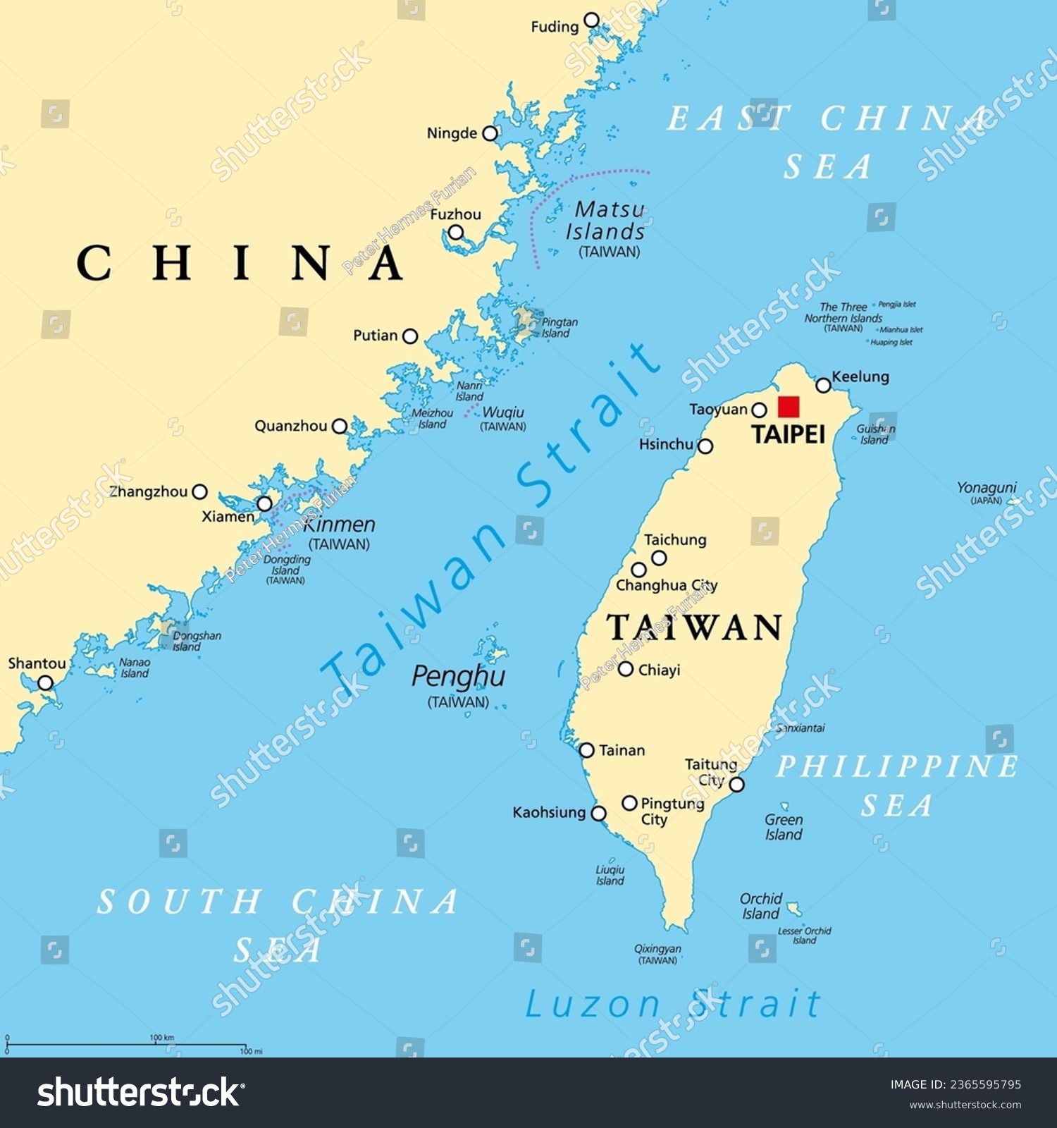 Taiwan Strait, political map. Important waterway - Royalty Free Stock 