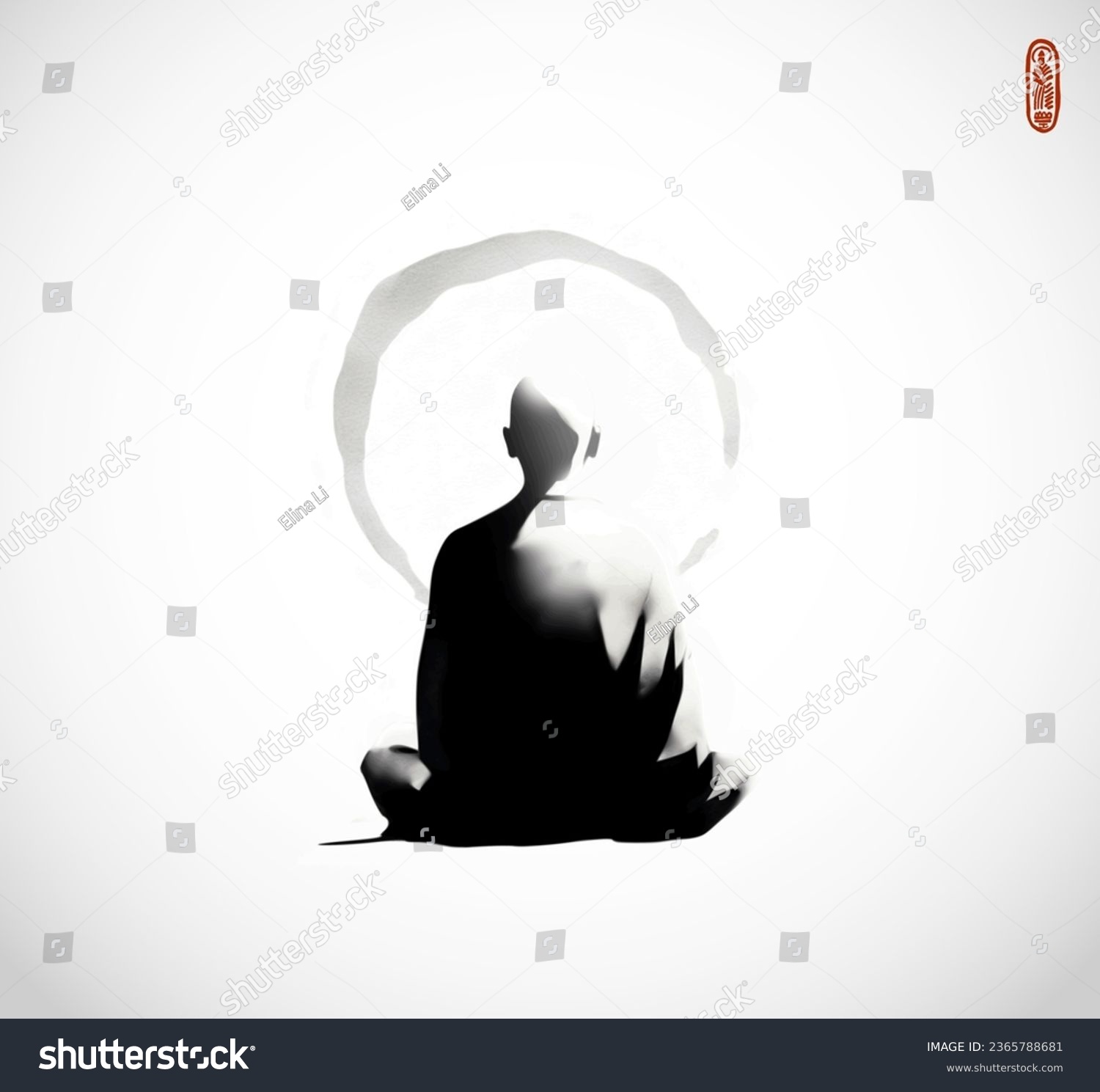 Ink painting of meditating buddhist monk, view from the back. Traditional oriental ink painting sumi-e, u-sin, go-hua on white background. #2365788681