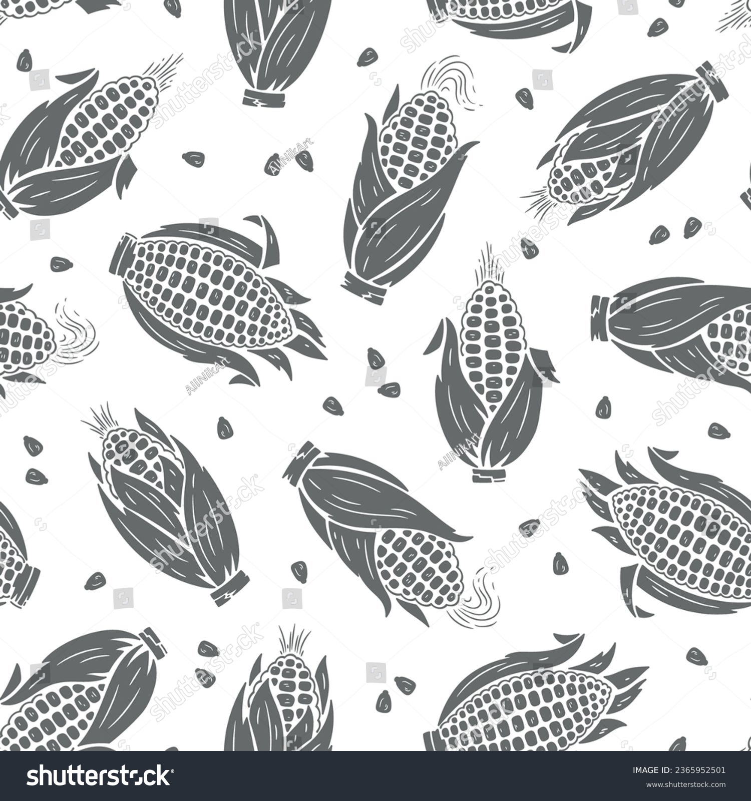 Corn Cobs Seamless Pattern. Maize Black and White Background. Vegetables Vector illustration #2365952501