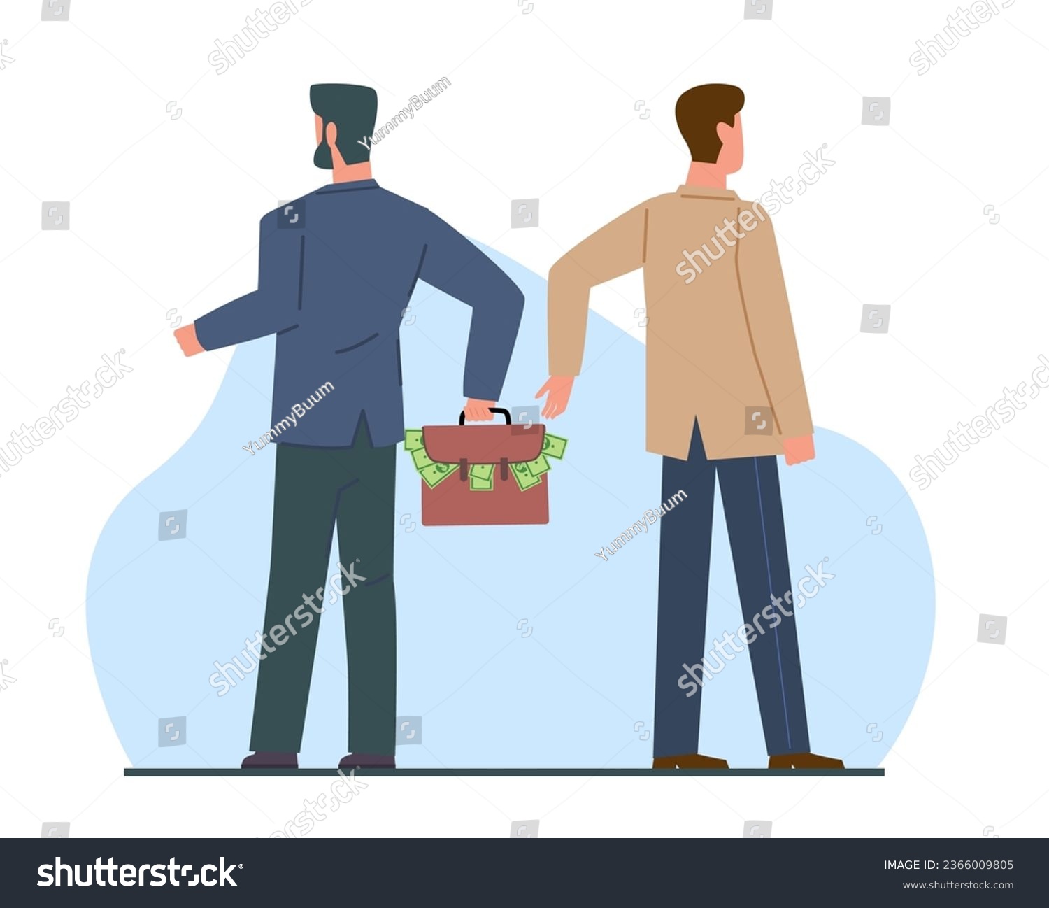 Concept of corruption, man hands another man suitcase full of money. Financial crime, giving bribe in cash, bribery in business. Bribery in business. Vector cartoon flat isolated illustration #2366009805