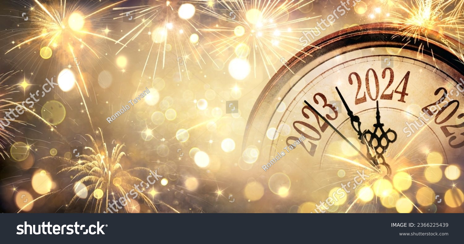 2024 New Year - Clock And Golden Fireworks - Countdown To Midnight  - Abstract Defocused Background
 #2366225439