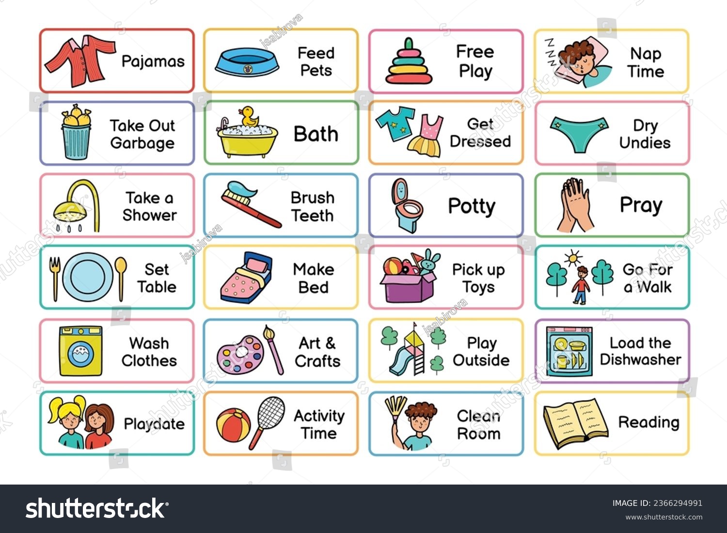 Kids daily routine chores collection. Responsibilities list for the chore chart. Morning and evening tasks set. Vector illustration #2366294991