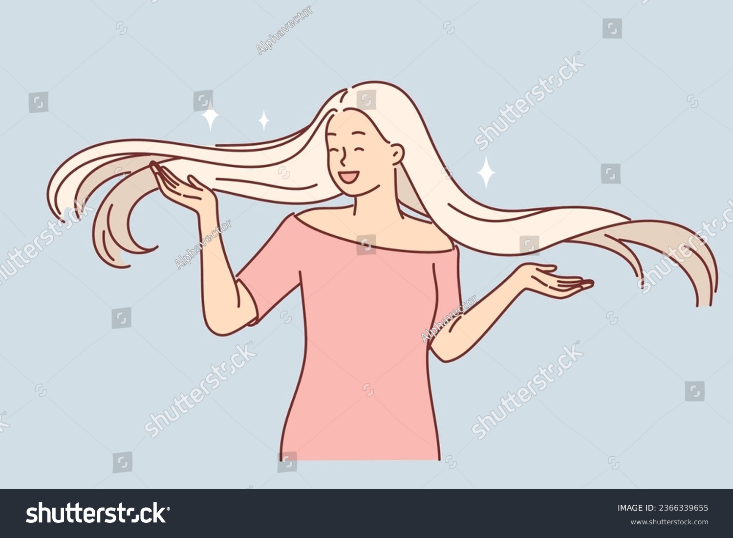 Happy blonde woman with long hair, shows new hairstyle and rejoices in shine and splendor of hairdo obtained thanks to quality shampoo. Girl in dress demonstrates stylish hairstyle and laughs #2366339655