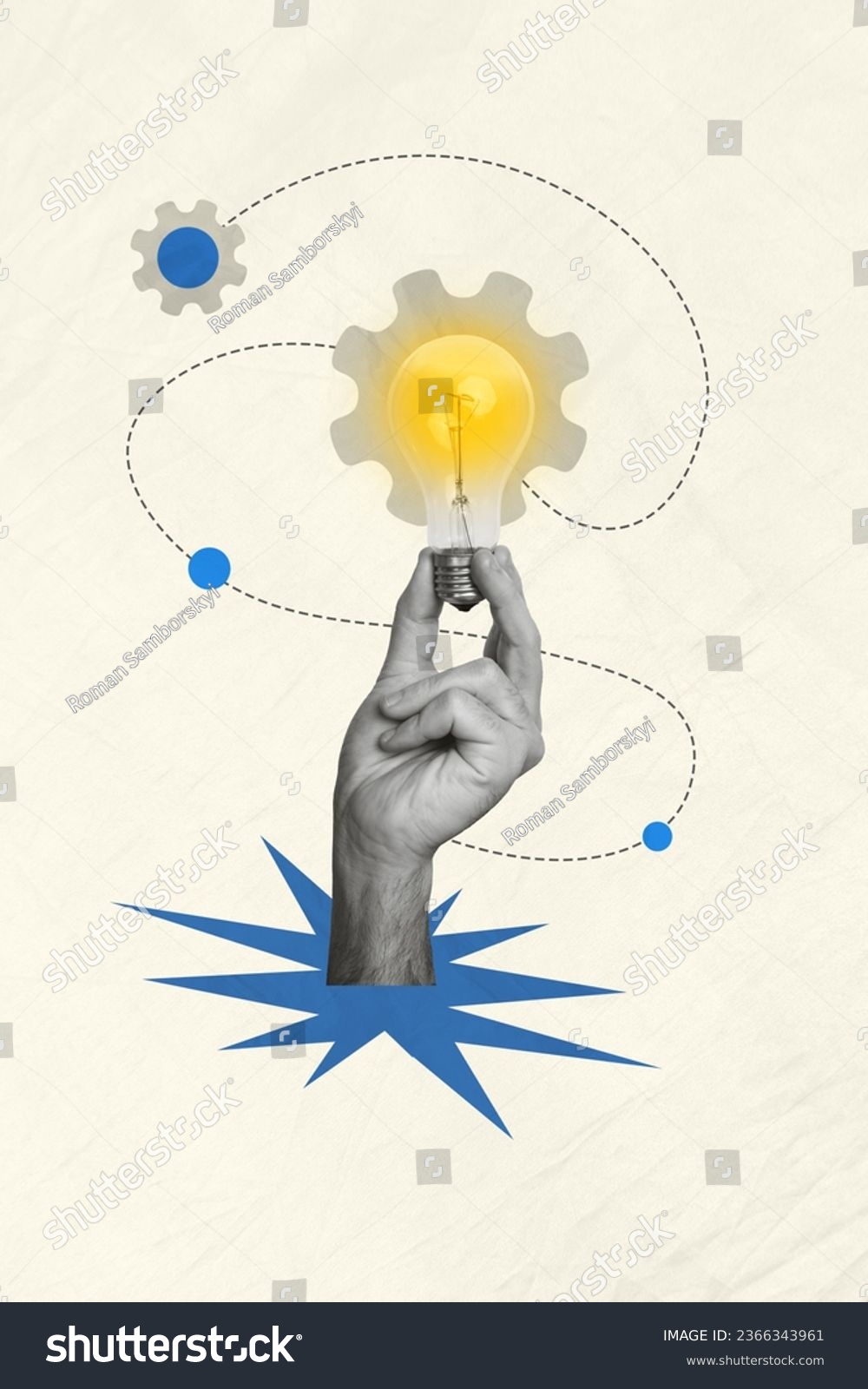 Poster collage conceptual photo image of human arm hold lamp bulb brillint ide great plan conclusion solution isolated on drawing background #2366343961