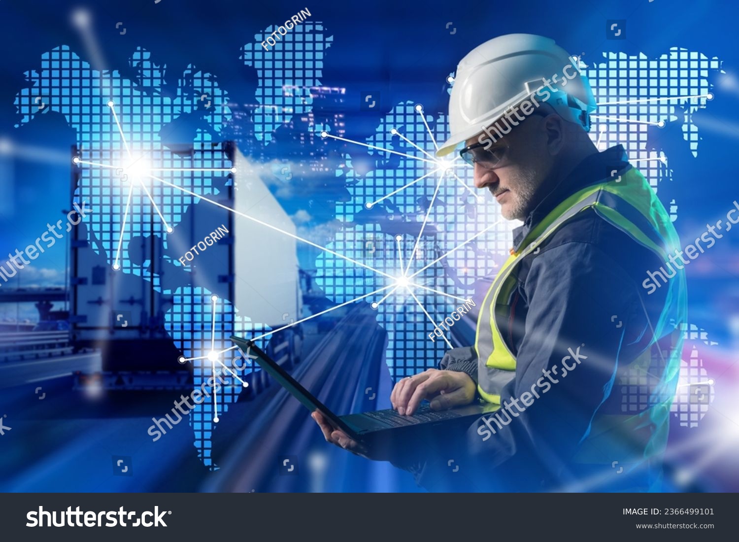 Logistics specialist. Male manager of transport company. Logistics company employee. Truck near man with laptop. World map is metaphor for international logistics. Transport dispatcher in hardhat #2366499101