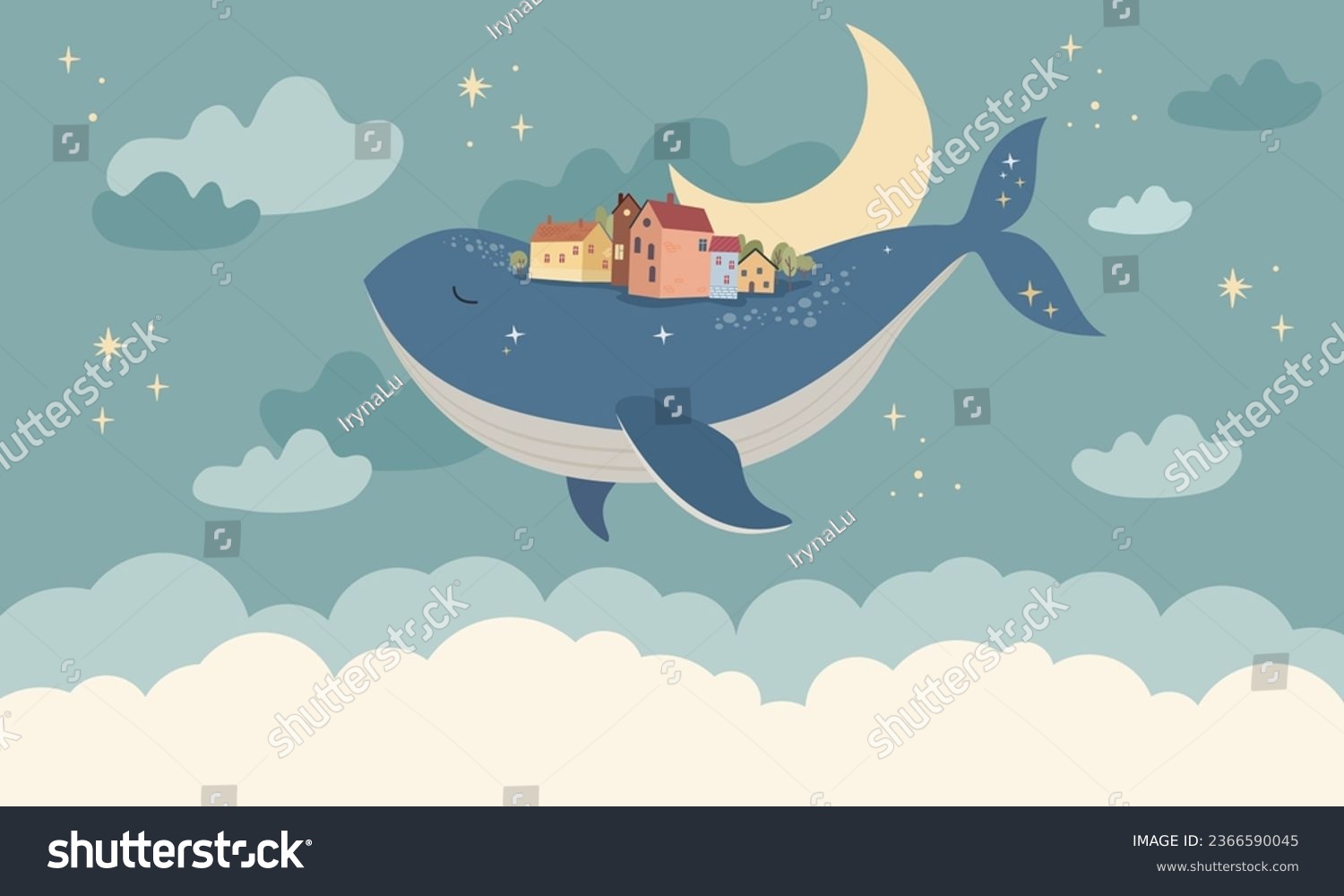 Children graphic illustration for nursery wall. Wallpaper design for kids room interior. Vector illustration with fantasy magic city on the back of whale flying in the sky #2366590045