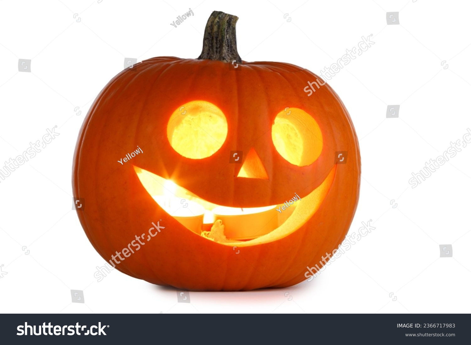 Funny Jack O Lantern halloween pumpkin with candle light inside isolated on white background #2366717983