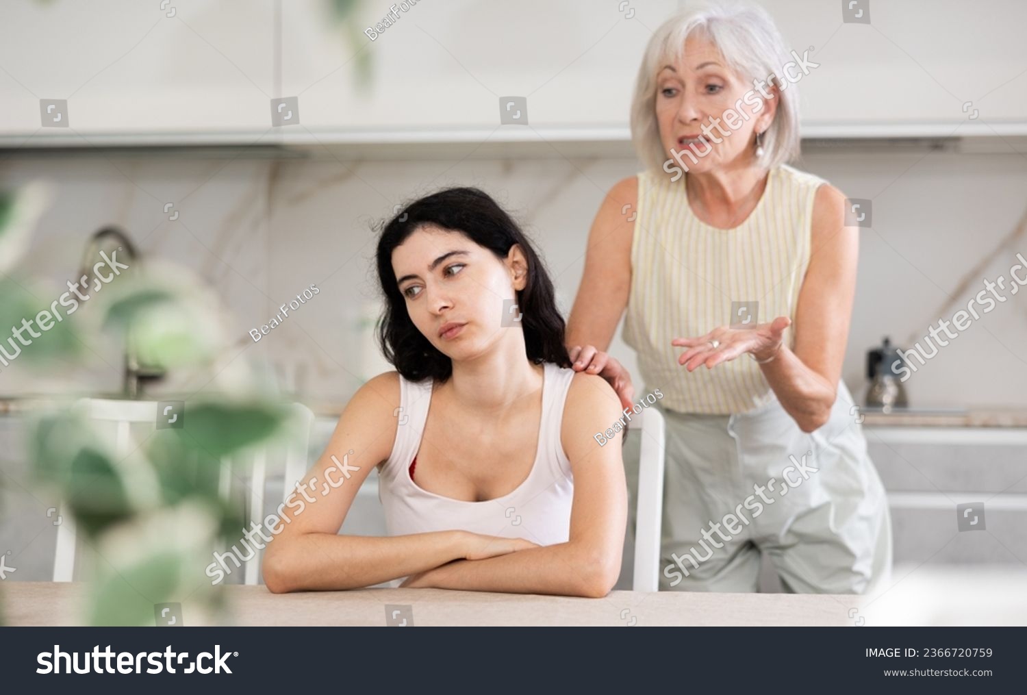 Elderly woman during family quarrel with young woman in kitchen at home #2366720759