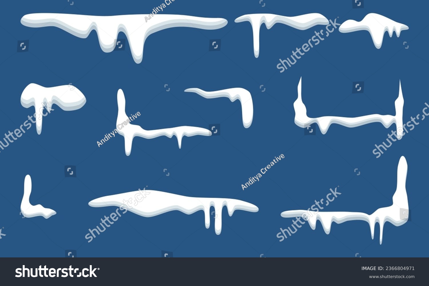 Illustration vector graphic of Snow vector caps. snowdrifts set. Snow cap vector illustration. Winter element, frame snow decoration. cartoon flat decoration with snowflakes, icicles isolated on blue. #2366804971