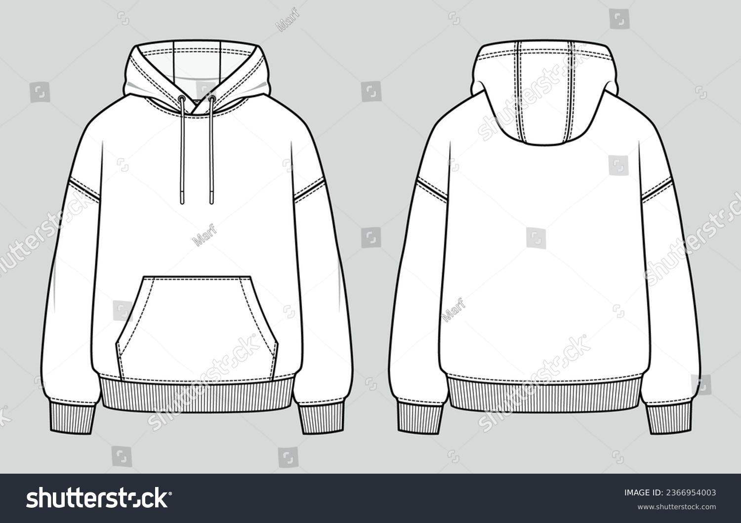 Oversized basic hoodie. Unisex casual clothing. Vector technical sketch. Mockup template. #2366954003
