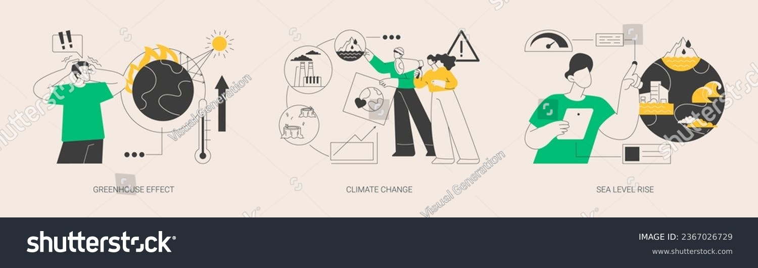 Global warming abstract concept vector illustration set. Greenhouse effect, climate change, sea level rise, air pollution problem, ozone layer, melting ice, flood consequence abstract metaphor. #2367026729