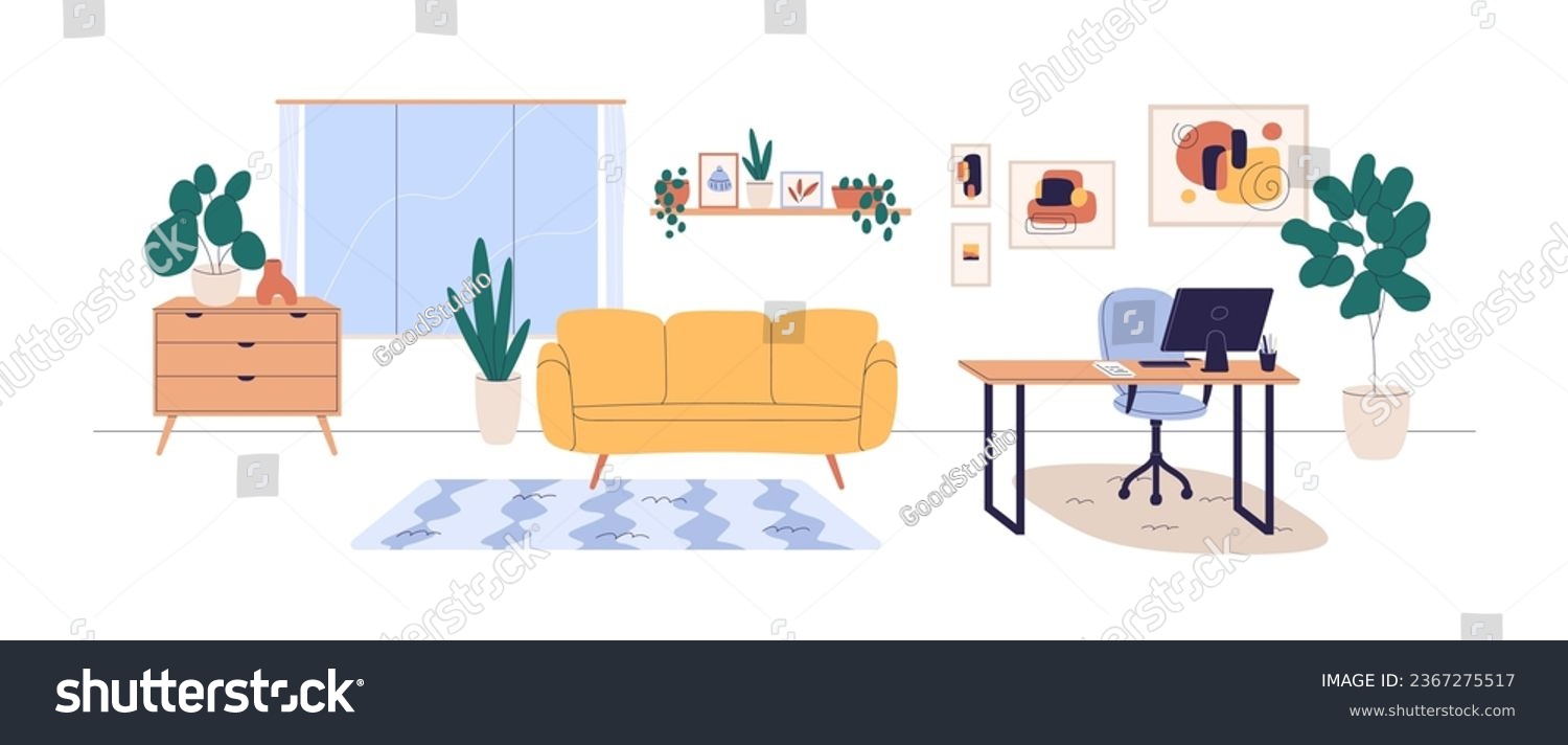 Living room interior with home office. Modern apartment, computer desk, table, sofa. Couch, workplace, wall posters, house plants and window. Flat vector illustration isolated on white background #2367275517