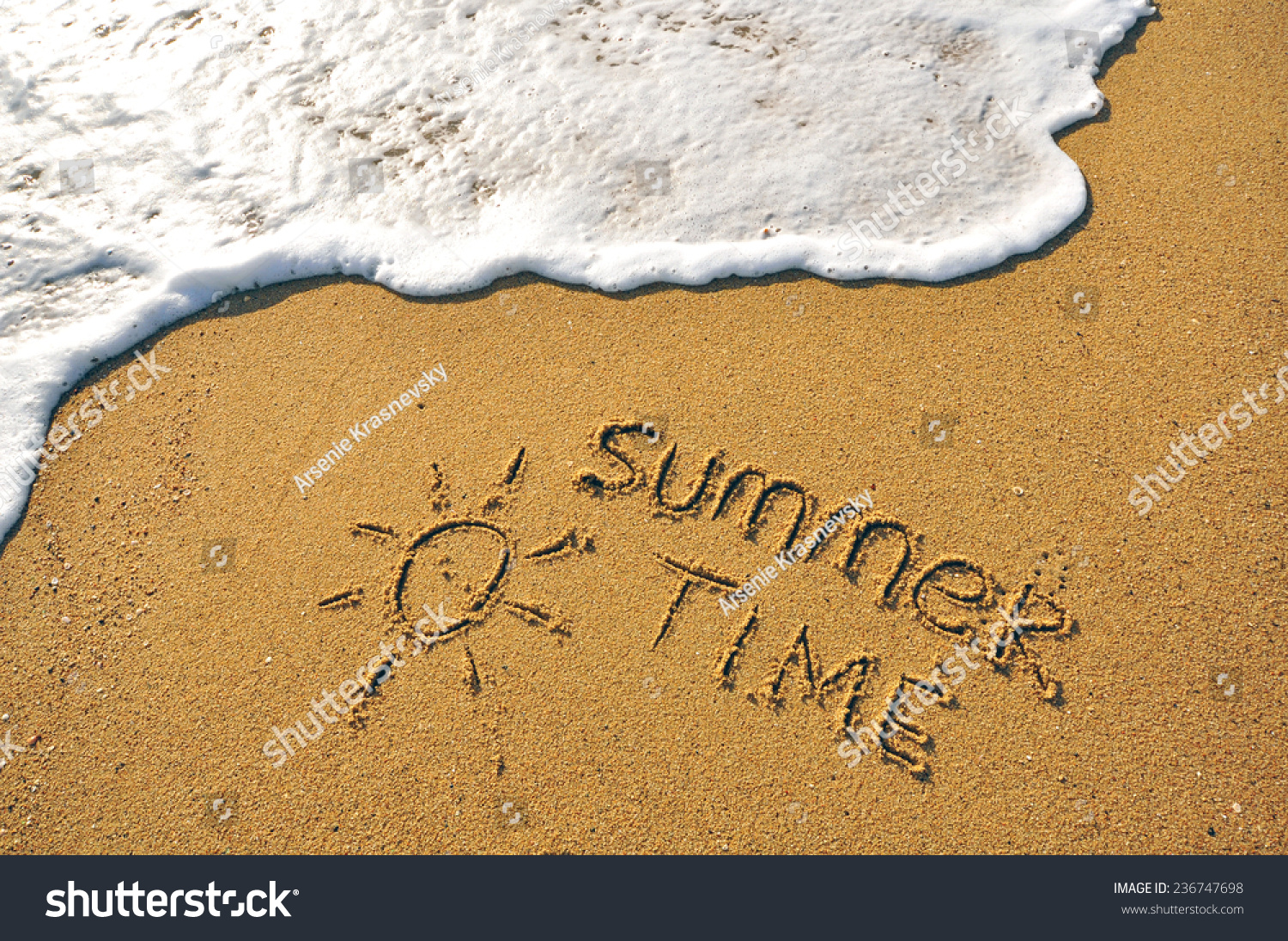 Summer Time message written in the sand on a beautiful beach, capturing the essence of a sunny and relaxing seaside vacation #236747698