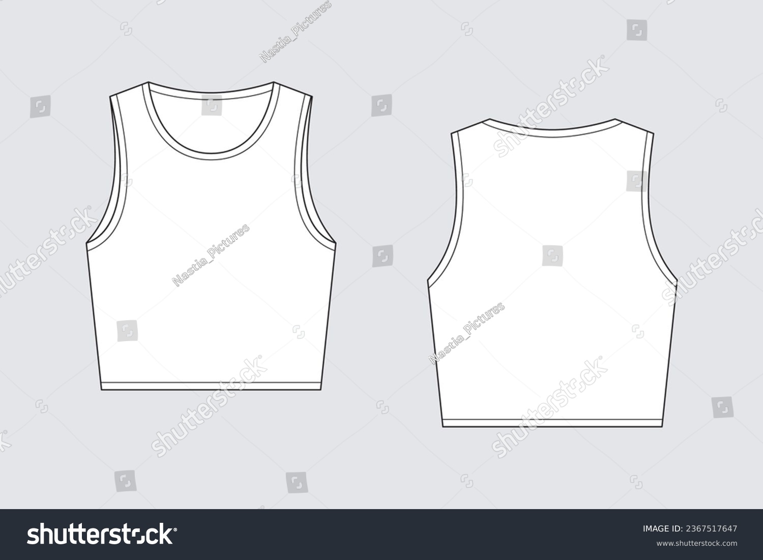 Female crop top vector template isolated on a grey background. Front and back view. Outline fashion technical sketch of clothes model. #2367517647