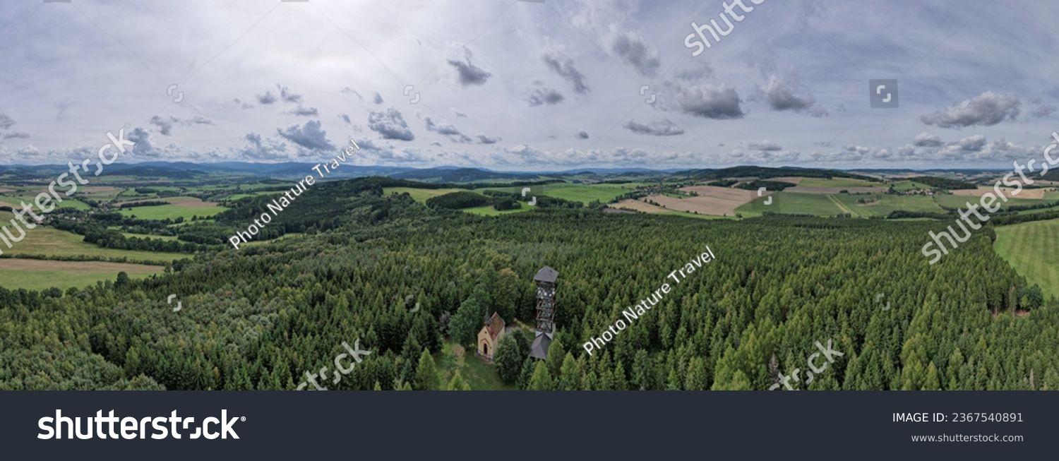 Margaret tower (Rozhledna sv. Marketa) close to Dlazovice,Klatovy, aerial panorama landscape view of lookout tower and small chapel next to it,Sumava mountains #2367540891