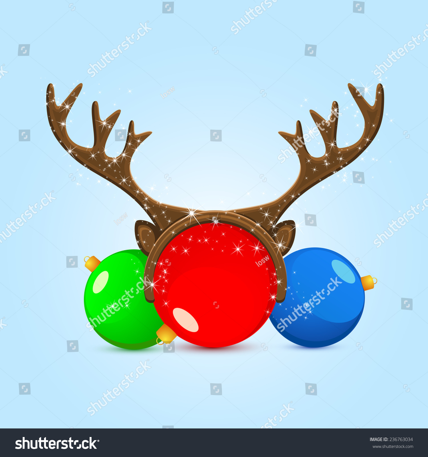 Funny mask with reindeer horns on Christmas ball, illustration. #236763034