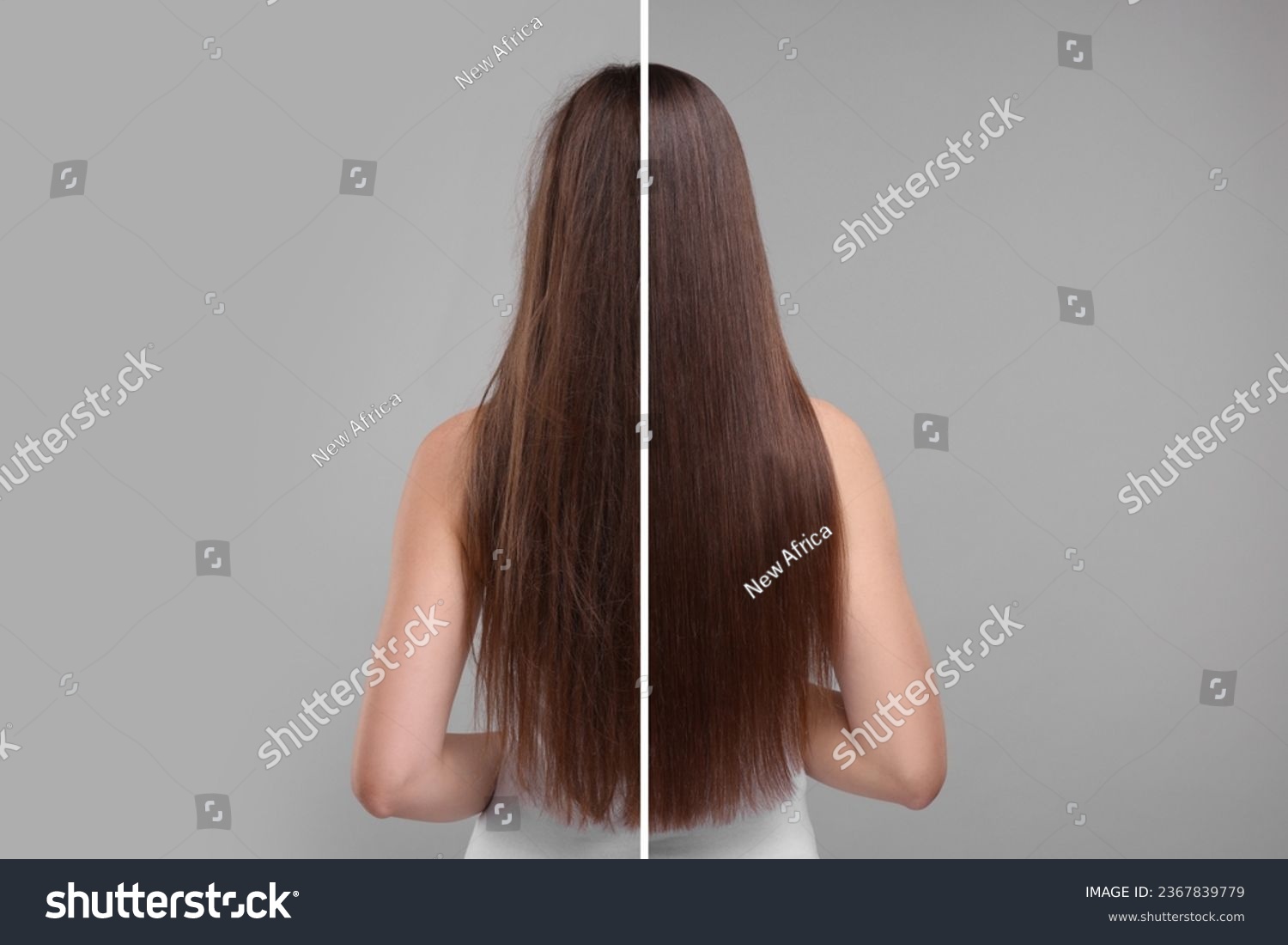 Photo of woman divided into halves before and after hair treatment on grey background, back view #2367839779