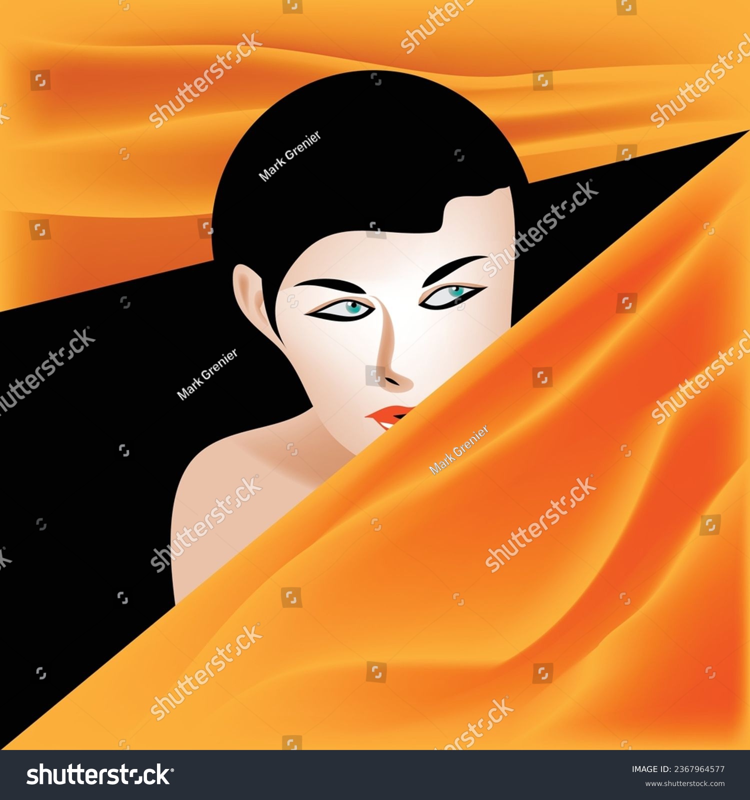 A woman peeks through a gap between silky fabric - Royalty Free Stock ...