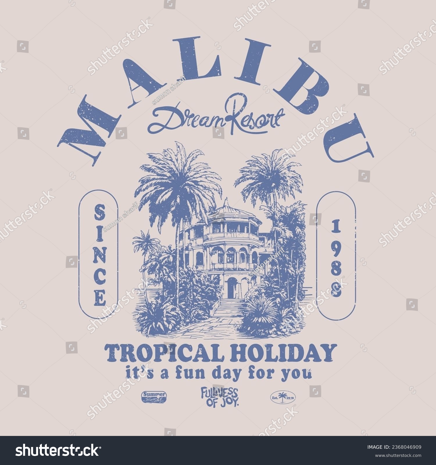 Malibu dream resort T- shirt Print Design In Vector, beach resort with big waves, Long beach, summer vibes hand draw, summer slogan with beach illustration, Hawaii, Aloha surf typography for t-shirt  #2368046909