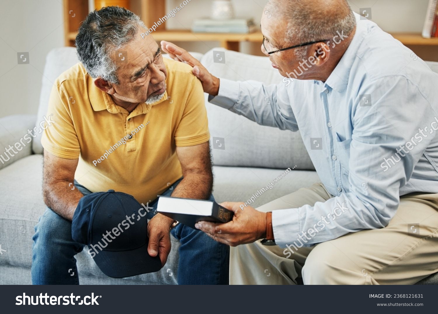 Men, home and bible with support for faith, worship and prayer by pastor, church or jesus christ. Elderly men, diversity and spiritual guidance for grief with loss and depression with hope in god #2368121631