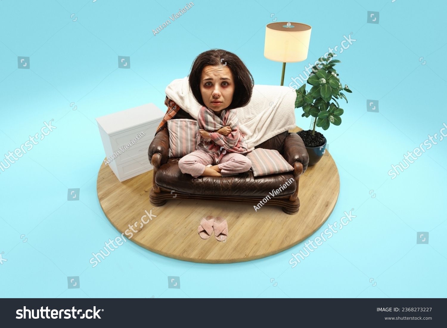 Sick woman with giant head and small body sitting on sofa covered blanket at home, in room isolated blue background. 3d-rendering island. Concept of art, emotions, quarantine, humor, allergy. Ad #2368273227