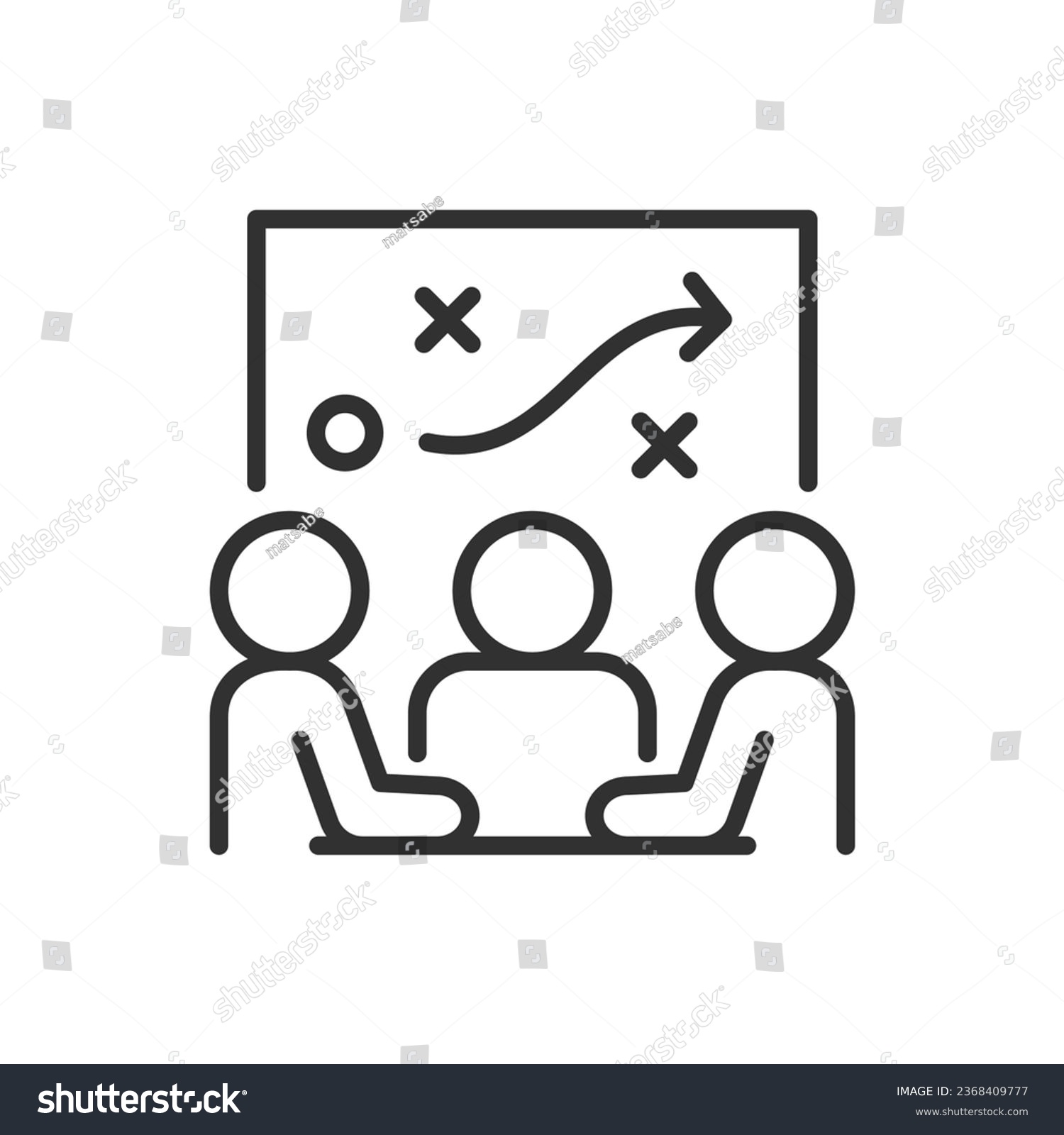A joint effort to choose a strategy to get to a goal, linear icon. People at the table choosing and making a strategic decision. Discussion and collective decision. Line with editable stroke #2368409777