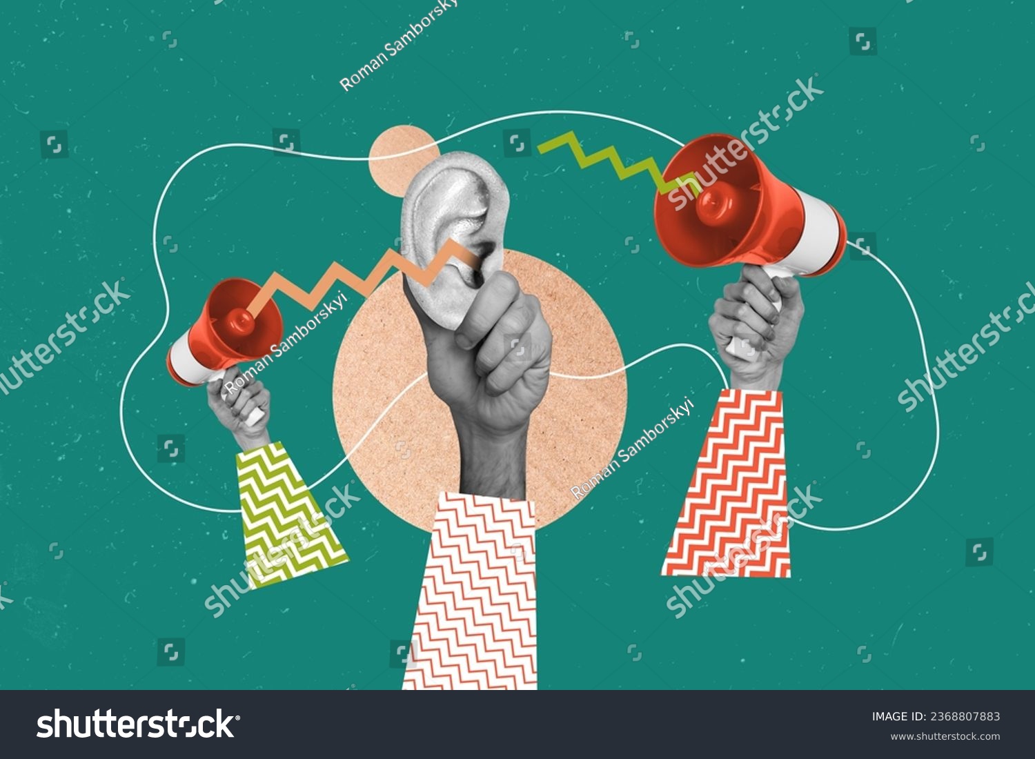 Creative retro 3d magazine collage image of ear listening bullhorn announcement isolated green color background #2368807883