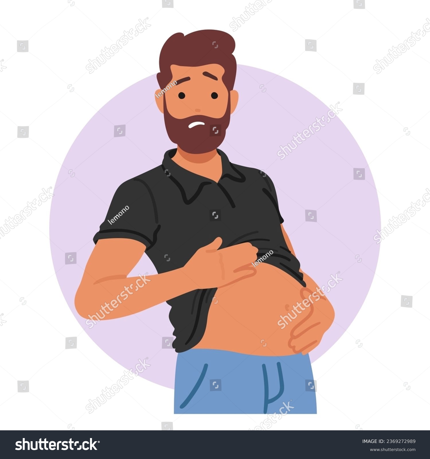 Unhappy Male Character Experiencing Bloating Due To Gastritis Displays Discomfort or Abdominal Distension, Often Stemming From Inflammation Of The Stomach Lining. Cartoon People Vector Illustration #2369272989