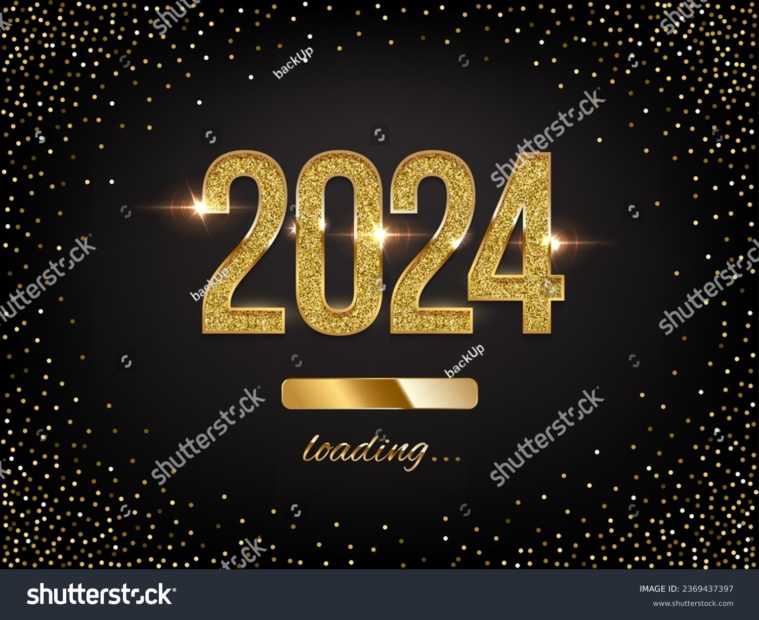 New Year golden loading bar vector illustration. 2024 Year progress with lettering. Party countdown, download screen. Invitation card, banner. Event, holiday expectation. Sparkling glitter background. #2369437397