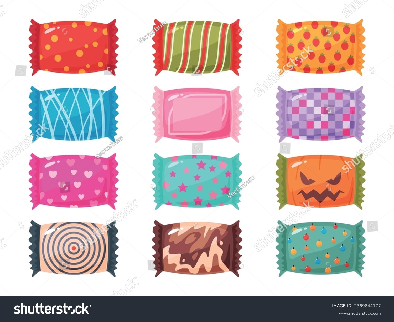 Candy in different wrappers. Cartoon sugar product in various colors and patterns packing. Decorative wrap. Fruit caramel. Birthday or Halloween sweets. Toffee packet #2369844177