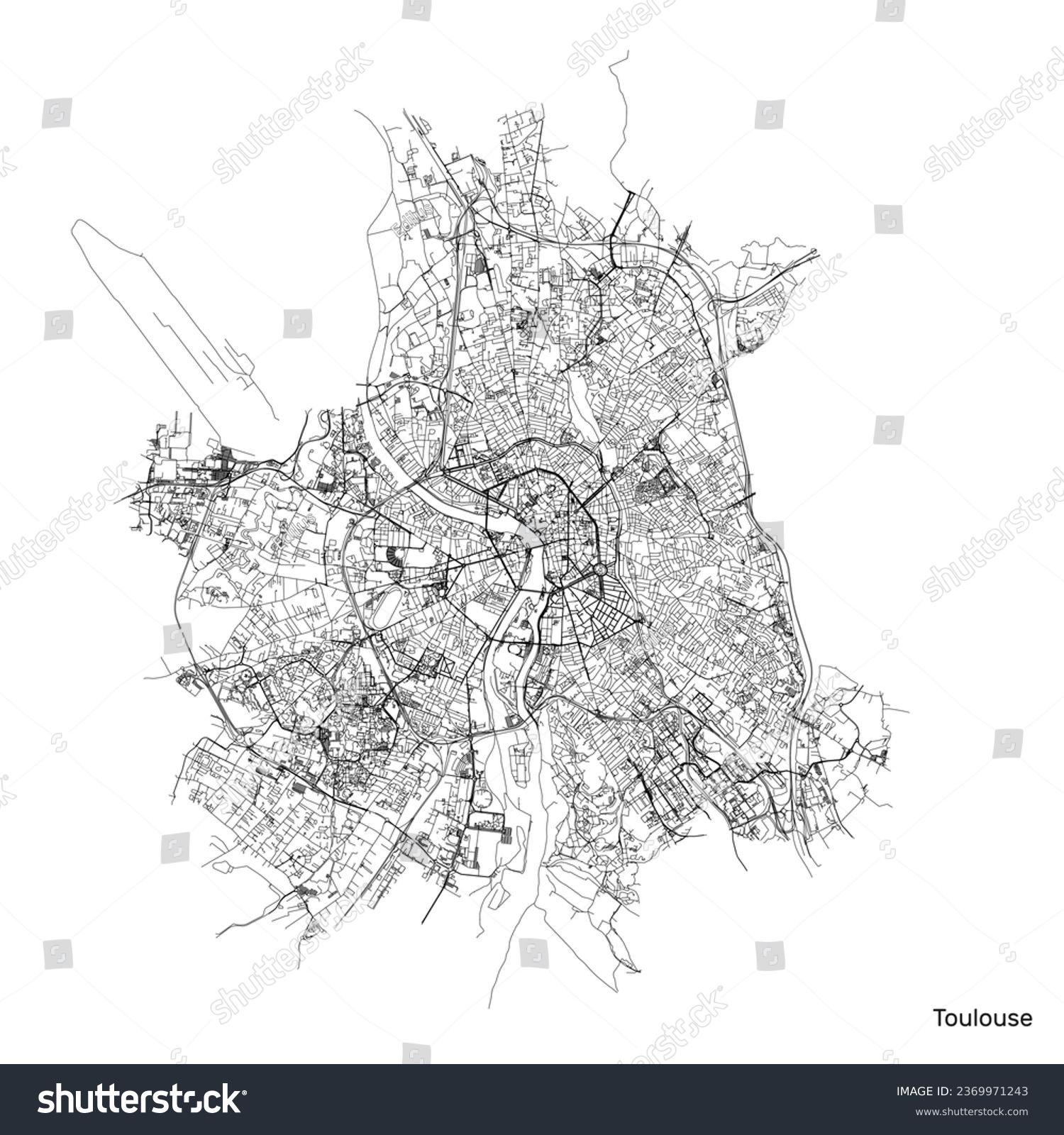 Toulouse city map with roads and streets, France - Royalty Free Stock ...