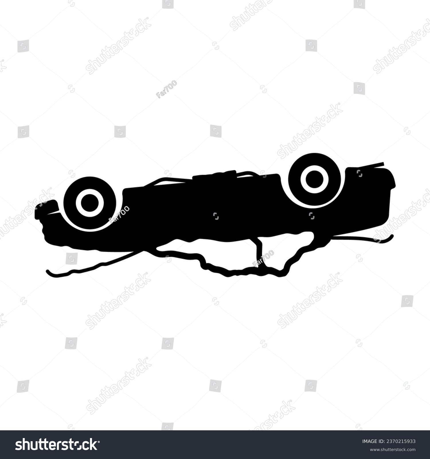 Overturned damaged car icon. Accident, disaster. Road accident. Black silhouette. Side view. Vector simple flat graphic illustration. Isolated object on a white background. Isolate. #2370215933