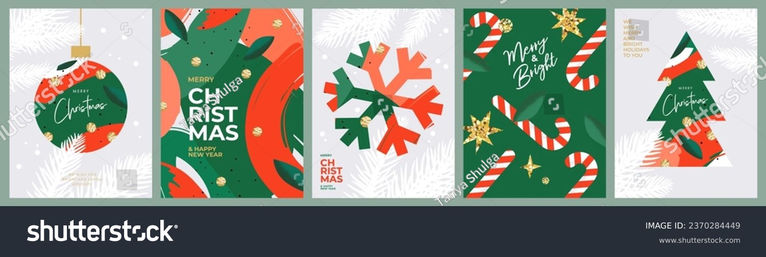Merry Christmas and Happy New Year greeting card Set. Modern Xmas design with typography, beautiful Christmas tree and ball, snowflake, candy cane pattern. Minimal art banner, poster, cover templates #2370284449