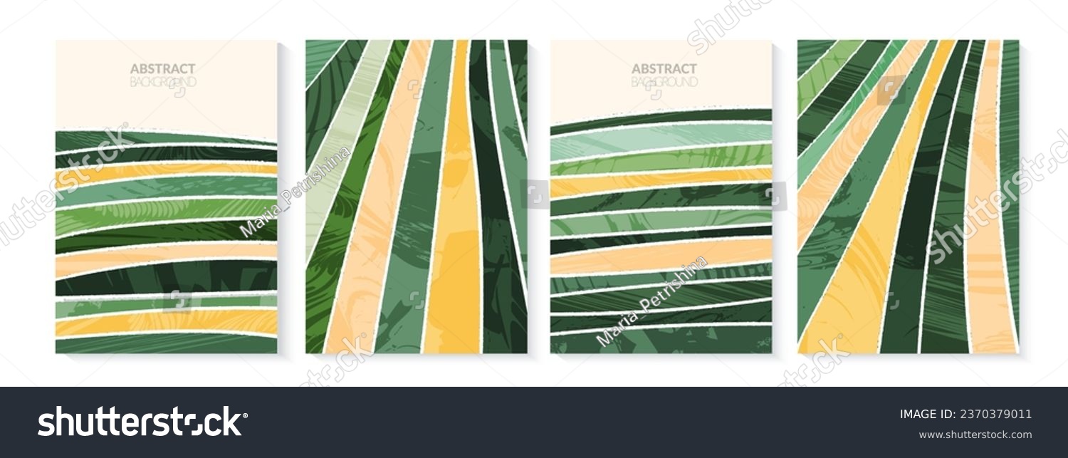 Vineyard grape abstract field winery agriculture vector illustration. Eco green retro background with texture. Farm aerial view poster, geometric map, simple garden landscape, organic rice plantation #2370379011