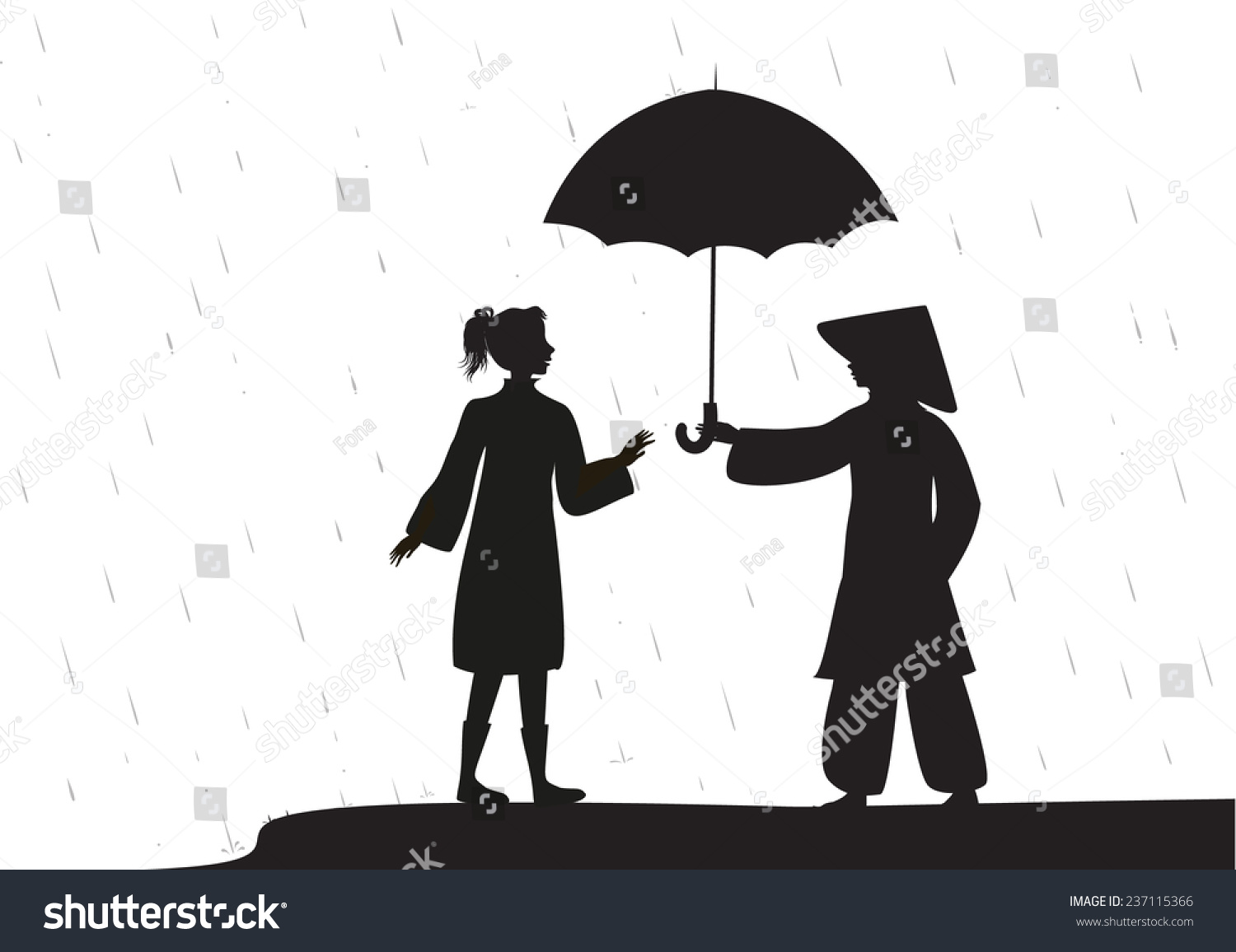 Japanese Boy Gives Umbrella European Girl Royalty Free Stock Vector Avopix Com