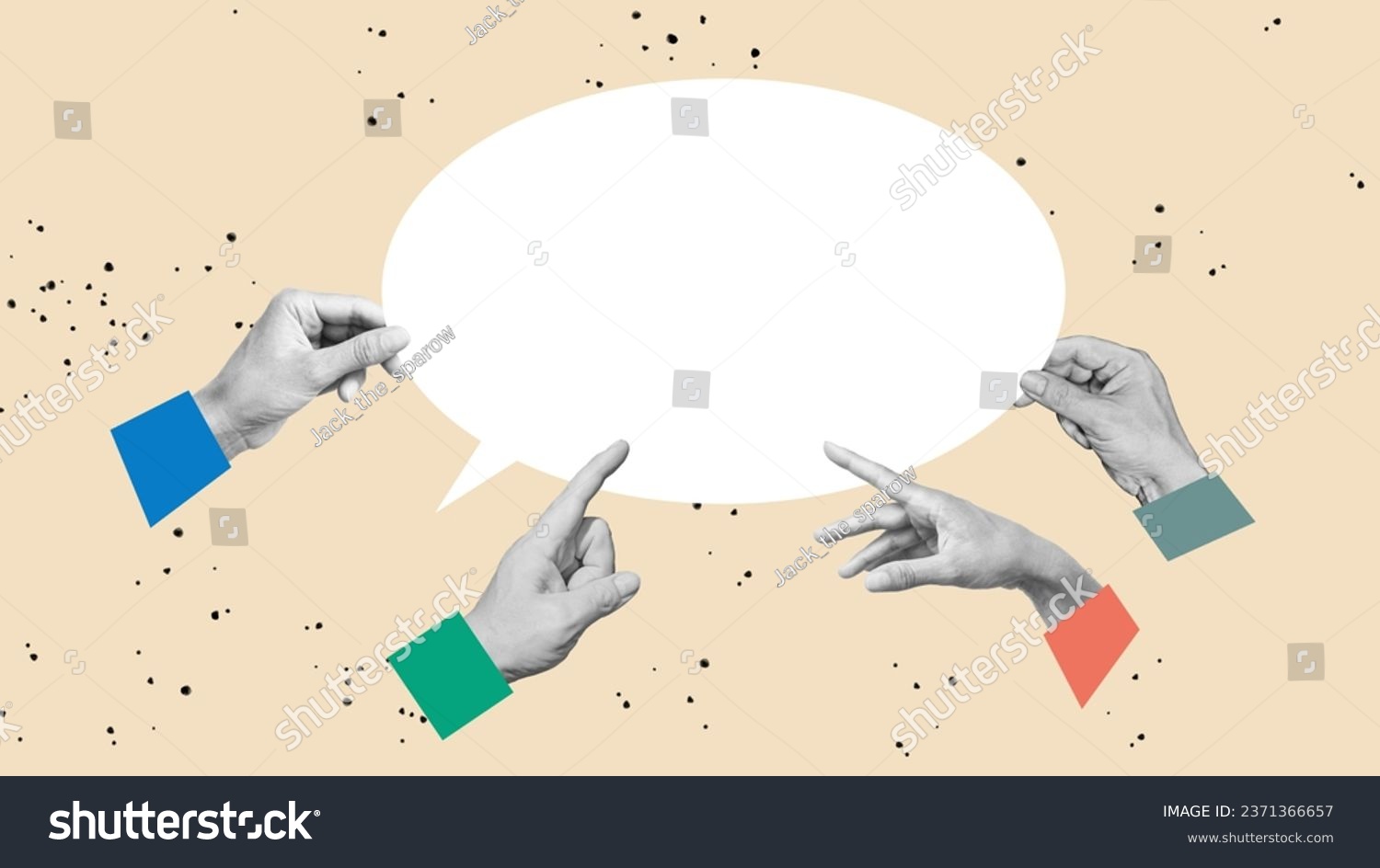 Collage with human hands holding speech bubble symbolizing communication and business cooperation. Concept of business, career development, teamwork, chat, working process. Dialog importance #2371366657
