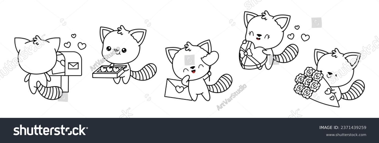 Set of Kawaii Red Panda Coloring Page - Royalty Free Stock Vector